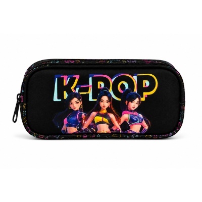 Estojo preto de K-POP com desenho de três mulheres e letras coloridas