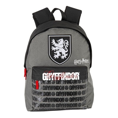 Mochila cinzenta e preta com tema Gryffindor e Harry Potter