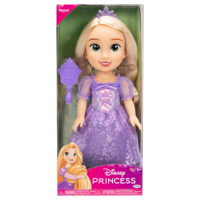 Boneca Rapunzel da Disney Princess com vestido roxo e coroa lilás na embalagem