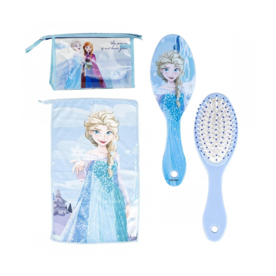 Conjunto Frozen com saco, toalha e escova de cabelo azul com imagem Elsa