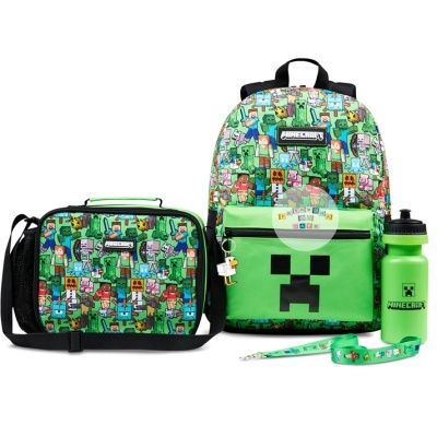 Mochila, lancheira, garrafa e caneta com tema Minecraft e padrão pixelizado verde.
