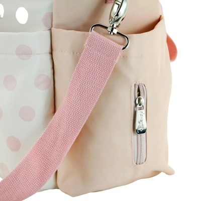 Bolsa bege claro com alça rosa e bolso branco com bolinhas cor-de-rosa