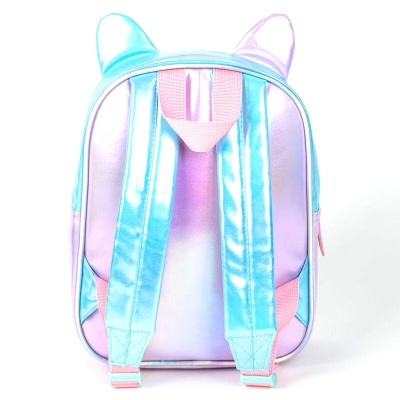 Mochila infantil azul e rosa com orelhas de gato