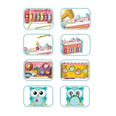 Brinquedo musical infantil em forma de coruja com xilofone colorido e acessÃ³rios.