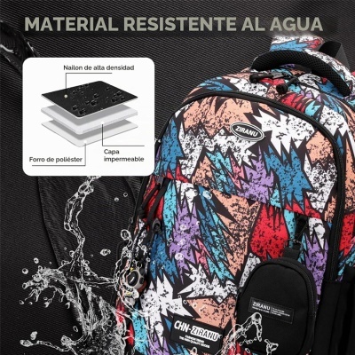 Mochila colorida resistente à água com padrão abstrato e etiquetas ZIRANU.