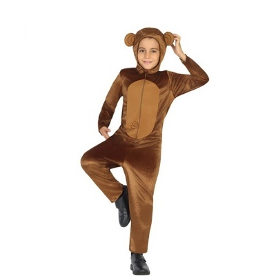 Fato de macaco castanho e bege para criança com capuz e orelhas