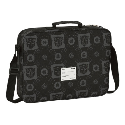 Mala preta com padrão de símbolos Transformers e alça ajustável