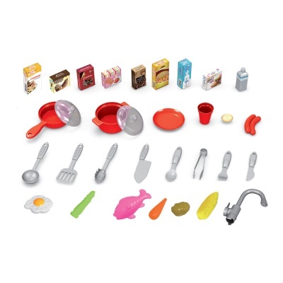 Conjunto de brinquedo de cozinha com panelas, utensílios, alimentos e embalagens coloridas