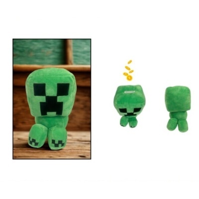 Pelúcia verde pixelizada inspirada no personagem Creeper de Minecraft com abertura para moedas