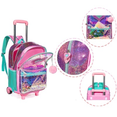 Mochila trolley rosa e roxa cintilante com bolsos transparentes e pompom
