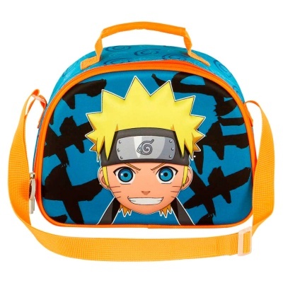 Bolsa infantil com personagem Naruto com cabelo amarelo e faixa na testa, com alça laranja