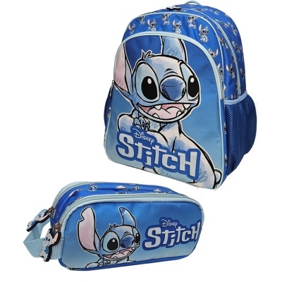 Mochila e estojo escolares com estampa do personagem Stitch da Disney em azul