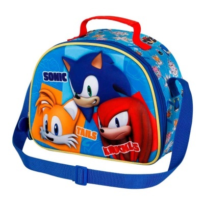 Bolsa infantil com personagens Sonic, Tails e Knuckles em azul e laranja