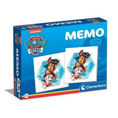 Caixa azul do jogo de memória Paw Patrol da Clementoni com imagens dos personagens Chase e Marshall.