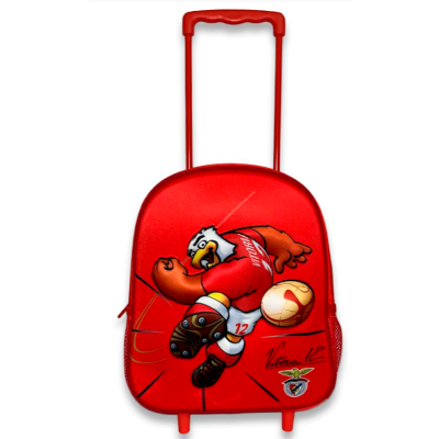 Mala de viagem vermelha para crianças com desenho de uma águia futebolista