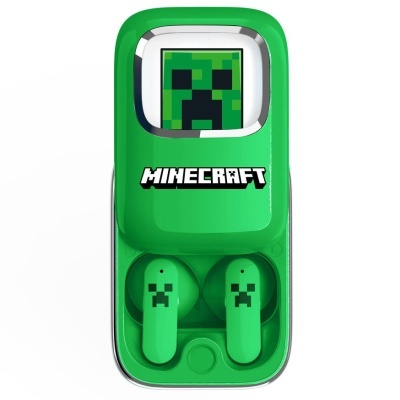 Auriculares sem fios verdes com tema Minecraft e embalagem com design de Creeper