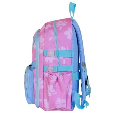 Mochila escolar rosa com padrão floral branco e detalhes azuis