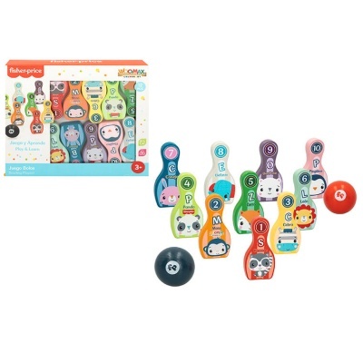 Jogo de boliche Fisher-Price colorido com pinos de madeira e bolas