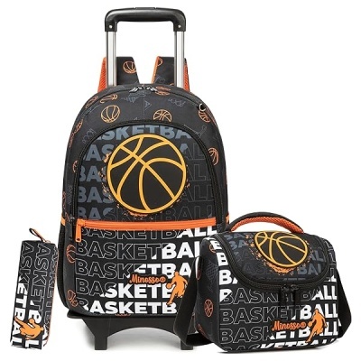 Conjunto de mochila de rodinhas, lancheira e estojo com tema basquete em preto, branco, amarelo e laranja