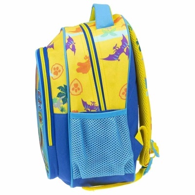 Mochila infantil amarela e azul com estampas coloridas e bolso lateral de malha