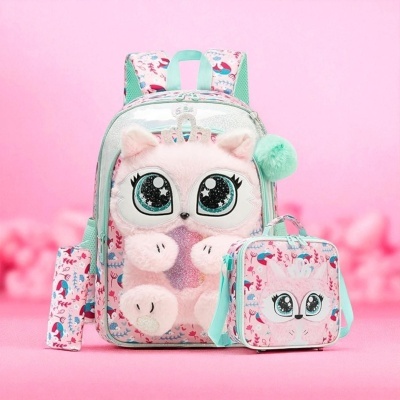Conjunto infantil de mochila, lancheira e estojo coruja rosa e verde