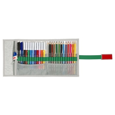 Estojo aberto com canetas e lápis de cor organizados