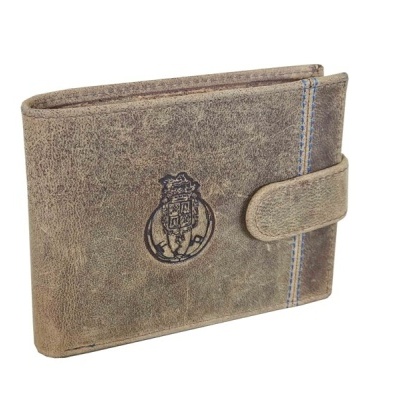 Carteira masculina castanha com brasão em relevo e fecho de botão