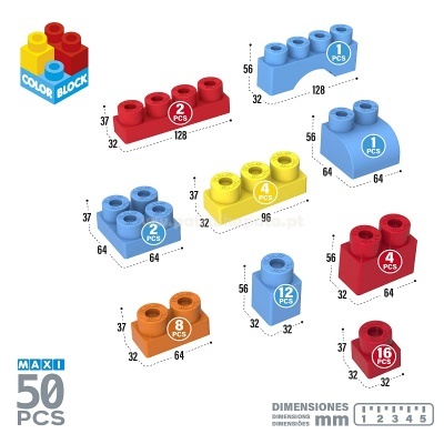 Peças coloridas de blocos de construção para crianças com várias dimensões e quantidades