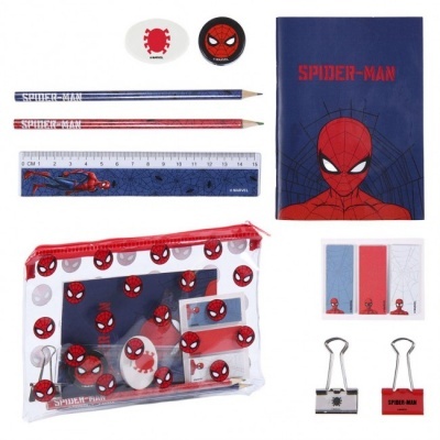 Conjunto escolar Spider-Man com lápis, régua, bloco, borracha, estojo transparente e clips.