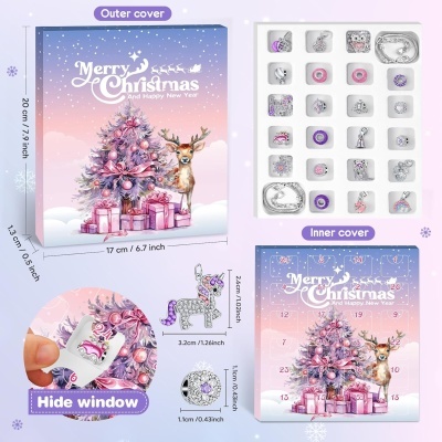 Caixa de calendário de advento de Natal colorida com ilustração festiva e compartimentos numerados