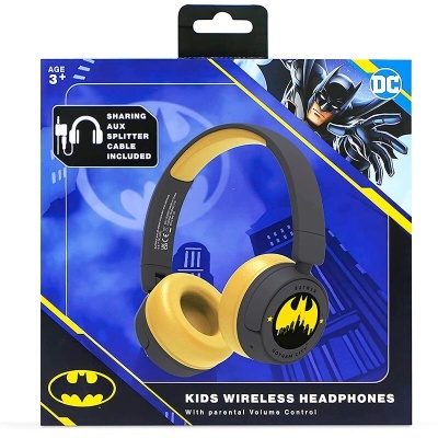 Caixa de auscultadores wireless para crianças com controlo parental de volume, cor preta com amarelo, com logo Batman