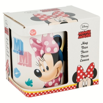 Caneca da Minnie Mouse com laço rosa e caixa de cartão decorada
