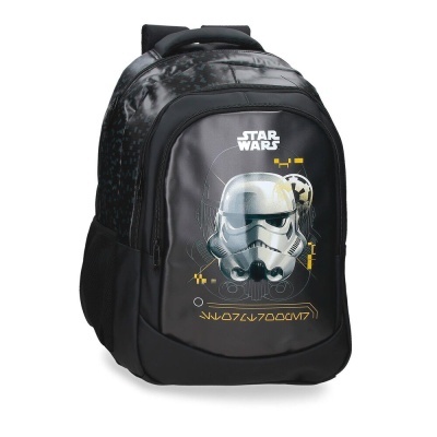 Mochila preta Star Wars com capacete Stormtrooper prateado e texto