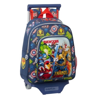 Mochila de rodinhas azul com estampa dos Avengers com Hulk, Capitão América, Homem de Ferro e Thanos