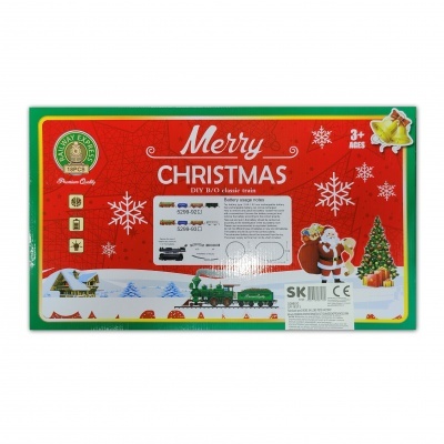 Caixa de brinquedo de Natal com comboio clássico e motivos natalícios em vermelho e verde.