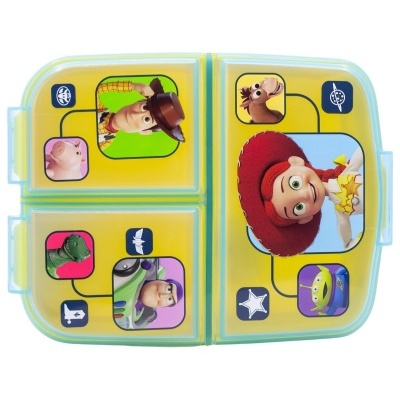 Marmita plástica amarela com imagens dos personagens de Toy Story em quatro compartimentos.