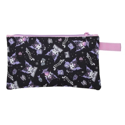 Estojo preto com padrão lilás e rosa e fecho de correr lilás