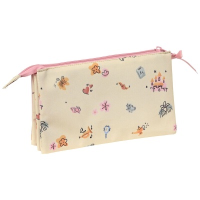 Estojo escolar bege com desenhos coloridos e fecho rosa