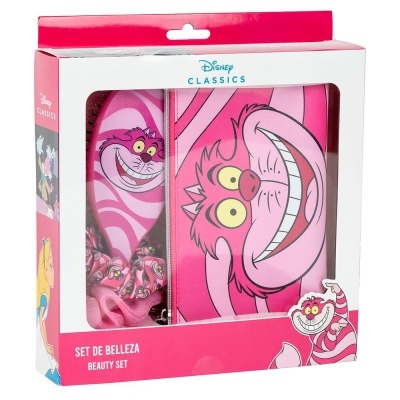 Conjunto de beleza com escova e espelho decorados com Gato Cheshire em embalagem rosa