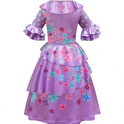 Vestido infantil lilás com flores coloridas e folhos nas mangas e saia