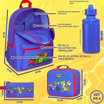 Conjunto Super Mario azul com mochila, mala térmica, estojo e garrafa