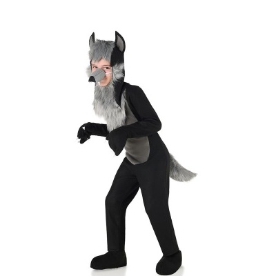 Fato de lobo completo para criança com cabeça, cauda e corpo preto e cinzento