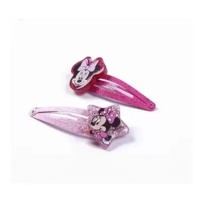 Par de ganchos de cabelo rosa com figuras da Minnie e glitter