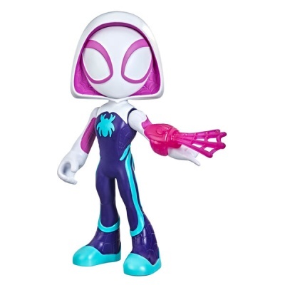 Figura de ação Spider-Gwen em plástico com cores branca, roxa, azul e rosa