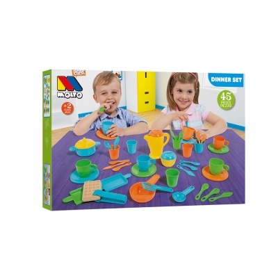 Conjunto de jantar de brinquedo de plástico colorido para crianças com 45 peças numa mesa roxa.