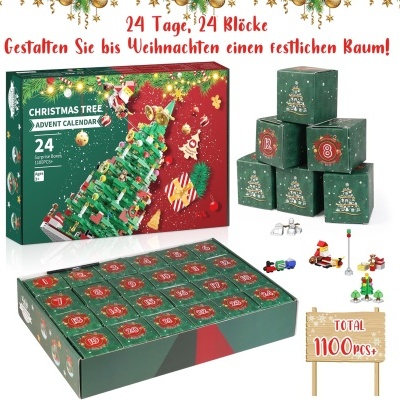 Calendário do advento para montar uma árvore de Natal em 24 blocos verdes com decoração natalícia.