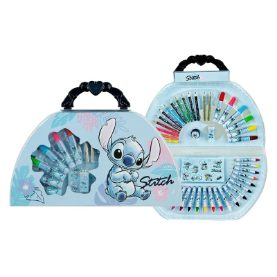 Estojo de desenho com tema Stitch com várias canetas e lápis coloridos