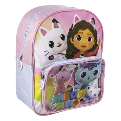Mochila infantil rosa com personagens animados e bolso transparente