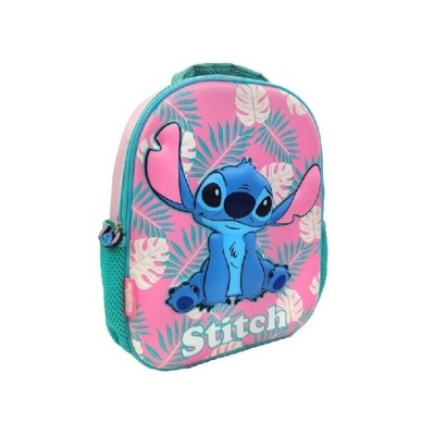 Mochila infantil Stitch com padrão de folhas em rosa e verde