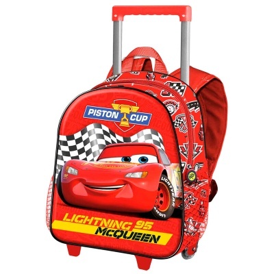 Mochila de rodinhas vermelha com imagem do Lightning McQueen e insígnias PISTON CUP